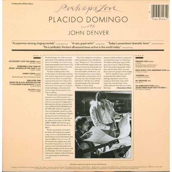 Placido Domingo John Denver Perhaps Love CBS 37243 Canada Vinyl LP - Picture 2 of 3